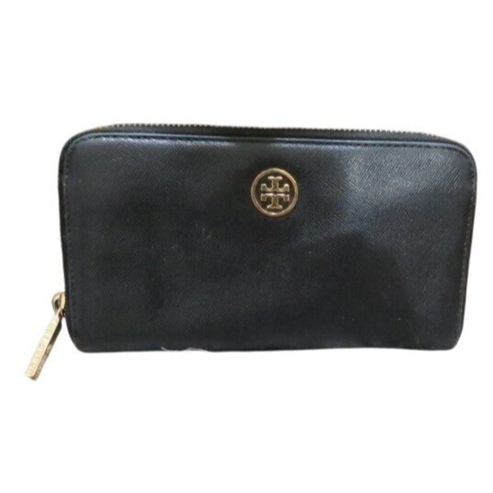 Tory Burch Robinson Black Pebbled Saffiano Leather Zip Around Long Wallet